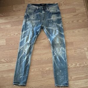 Akoo Men's Skinny Paint-Splatter Denim Jeans - Blue with White Accents